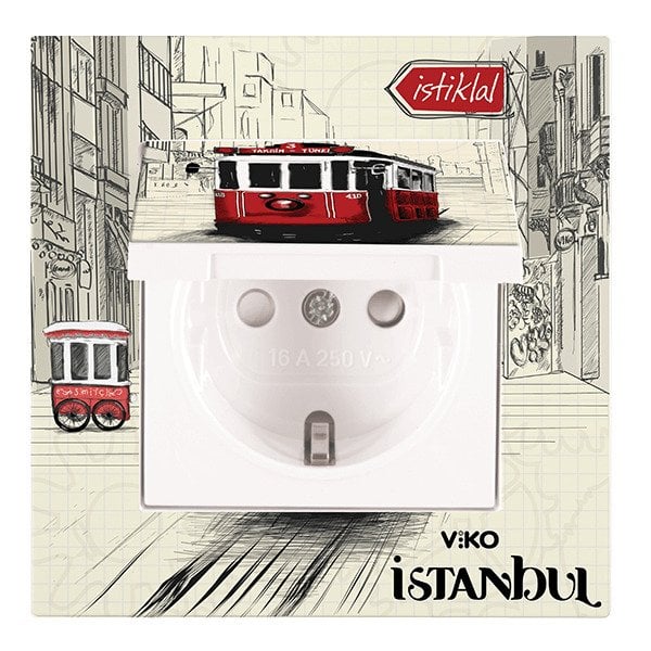 VİKO Karre Cities 90962821 Çocuk Korumalı Kapaklı Topraklı Priz [İstiklal Temalı]