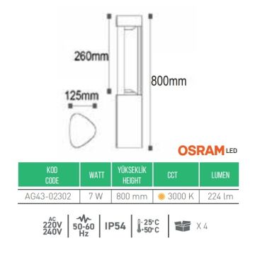 ACK AG43-02302 Dallas 7 Watt 80 cm LED Bollard Armatür - OSRAM LED - Gün Işığı (3000K) - Metal Gövde