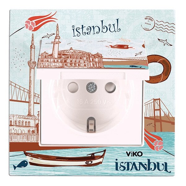 VİKO Karre Cities 90962823 Çocuk Korumalı Kapaklı Topraklı Priz [Ortaköy Temalı]