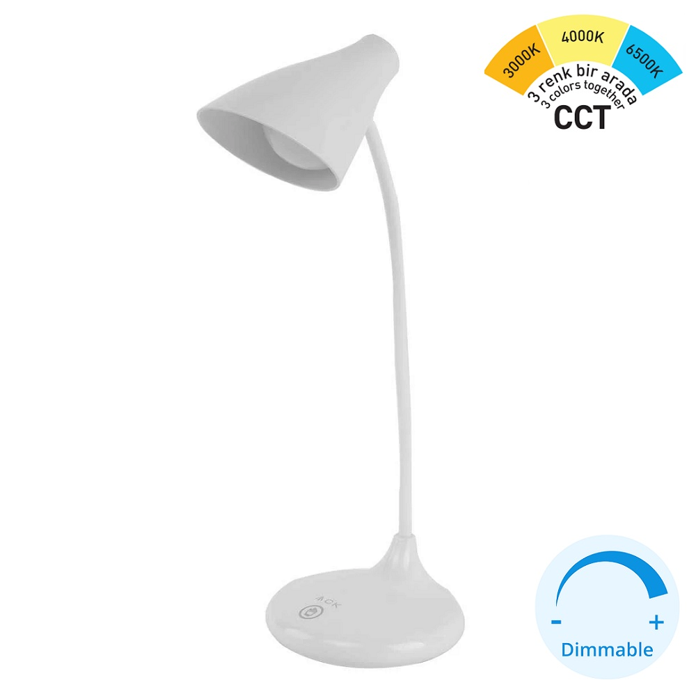 ACK AF11-10013 Dimli ve Dokunmatik Şarjlı LED Masa Lambası - 3 Işık Renkli (Beyaz + Ilık Beyaz + Gün Işığı)