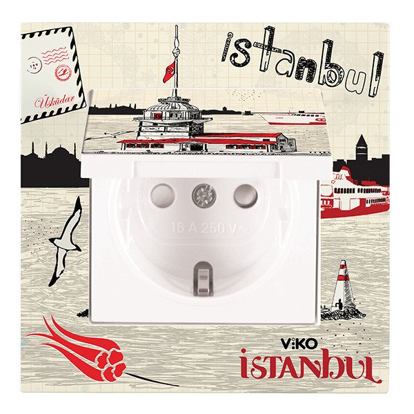 VİKO Karre Cities 90962828 Çocuk Korumalı Kapaklı Topraklı Priz [Mavi Kız Kulesi Temalı]