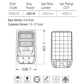 inoled 9356-01 100 Watt Sensörlü Solar Sokak Armatürü - Beyaz Işık (6500K)
