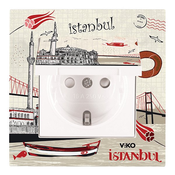 VİKO Karre Cities 90962829 Çocuk Korumalı Kapaklı Topraklı Priz [Mavi Ortaköy Temalı]