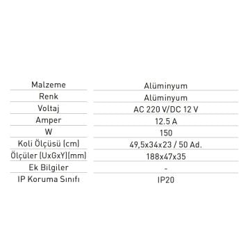 JUPITER LK150 12 Volt 12.5 Amper 150 Watt Slim LED Trafosu