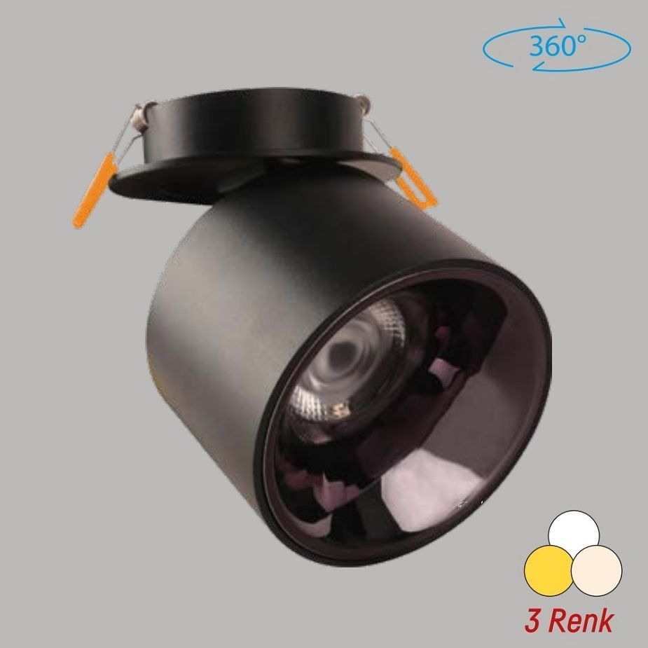 YCL YC 820 12 Watt Siyah Kasa Sıva Altı Yuvarlak LED Spot - Metal - 3 Işık Renkli (Beyaz + Ilık Beyaz + Gün Işığı)