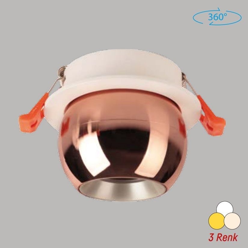 YCL YC 775 12 Watt Parlak Rose Gold Kasa Sıva Altı Yuvarlak LED Spot - Metal - 3 Işık Renkli (Beyaz + Ilık Beyaz + Gün Işığı)