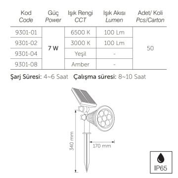 inoled 9301-01 7 Watt Solar Kazıklı Çim Armatürü - Beyaz Işık (6500K)