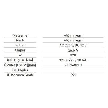 JUPITER LK320 12 Volt 26.6 Amper 320 Watt Slim LED Trafosu