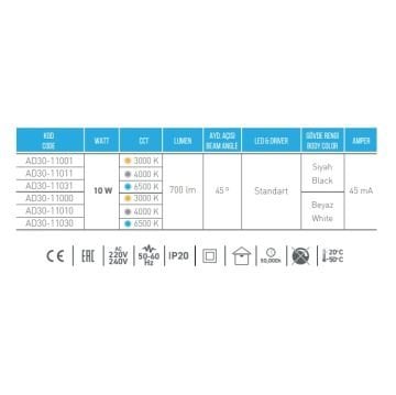ACK AD30-11000 10 Watt Beyaz Kasa LED Ray Spot - Gün Işığı (3000K)