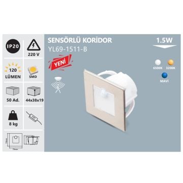 NOAS YL69-1511-B 1.5 Watt Saten Kasa Sensörlü Sıva Altı Kare LED Merdiven Armatürü