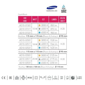 ACK AD10-01501 10 Watt Siyah Sıva Altı Kare SAMSUNG LED Spot - Gün Işığı (3000K)