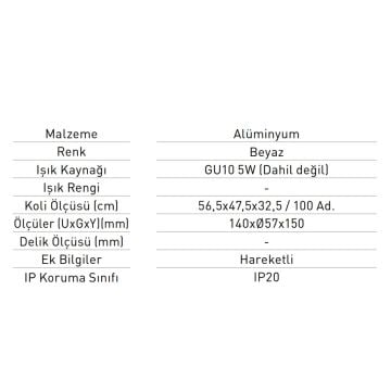 JUPITER JR659 B Beyaz Ray Spot Kasası (GU10 Duylu)