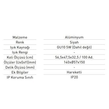 JUPITER JR659 S Siyah Ray Spot Kasası (GU10 Duylu)