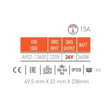 ACK AY02-13600 24 Volt 15 Amper 360 Watt LED Trafosu