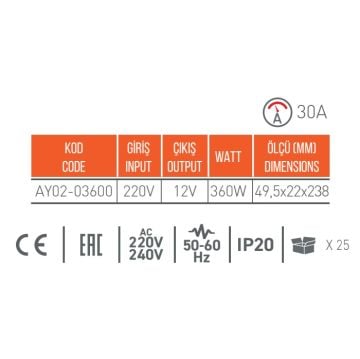 ACK AY02-03600 12 Volt 30 Amper 360 Watt LED Trafosu