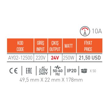 ACK AY02-12500 24 Volt 10 Amper 250 Watt LED Trafosu