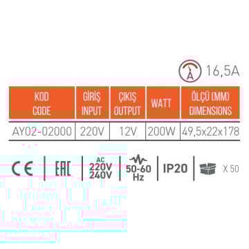ACK AY02-02000 12 Volt 16.5 Amper 200 Watt LED Trafosu
