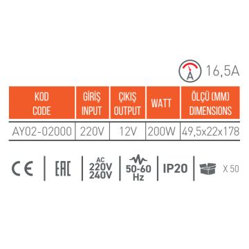 ACK AY02-02000 12 Volt 16.5 Amper 200 Watt LED Trafosu