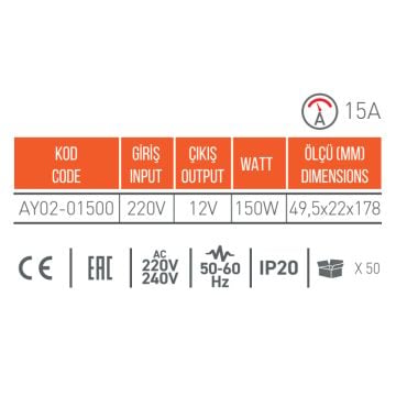 ACK AY02-01500 12 Volt 12.5 Amper 150 Watt LED Trafosu
