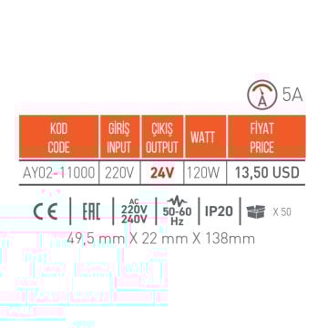 ACK AY02-11000 24 Volt 5 Amper 120 Watt LED Trafosu