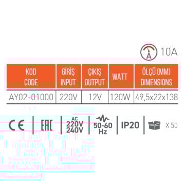ACK AY02-01000 12 Volt 10 Amper 120 Watt LED Trafosu