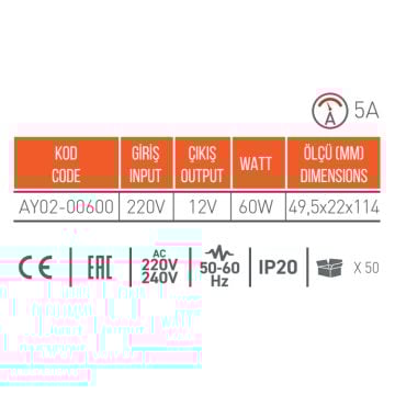 ACK AY02-00600 12 Volt 5 Amper 60 Watt LED Trafosu