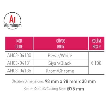 ACK AH03-04131 Siyah Sıva Altı Kare Spot Kasası - Metal