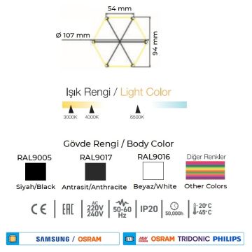 CreaLight CL-02-90251 42 Watt 100 cm Altıgen Lineer Armatür (SAMSUNG/OSRAM LED & PHILIPS/TRIDONIC/MEAN WELL Driver)