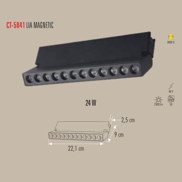 CATA CT-5841 Lia Siyah 24 Watt 22 cm Lensli Hareketli LED Magnet Armatür - Gün Işığı (3200K)