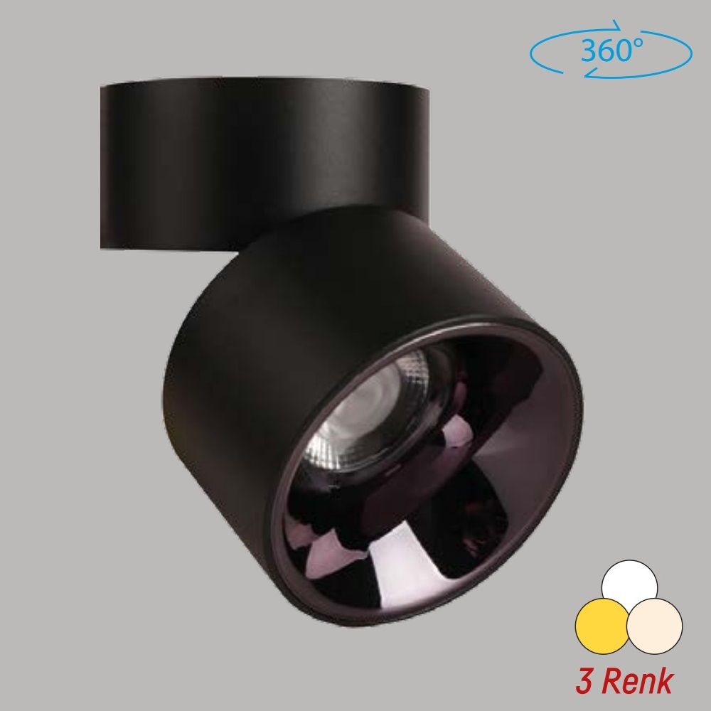 YCL YC 800 12 Watt Siyah Sıva Üstü Hareketli LED Spot - Metal - 3 Işık Renkli (Beyaz + Ilık Beyaz + Gün Işığı)