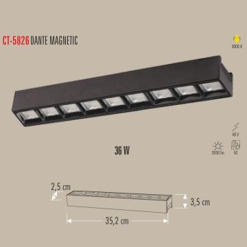 CATA CT-5826 Dante Siyah 36 Watt 35 cm Lensli LED Magnet Armatür - Gün Işığı (3200K)