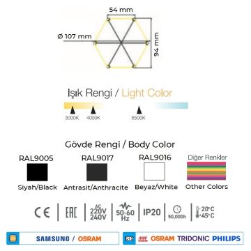 CreaLight CL-02-90111 21 Watt 100 cm Altıgen Lineer Armatür (SAMSUNG/OSRAM LED & PHILIPS/TRIDONIC/MEAN WELL Driver)