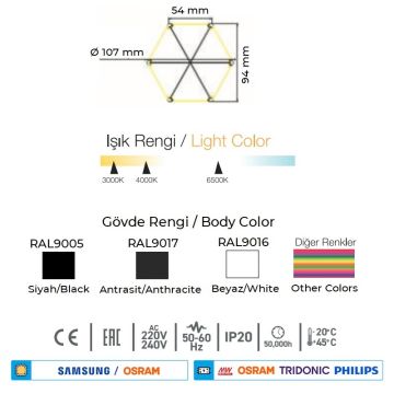 CreaLight CL-02-90101 21 Watt 100 cm Altıgen Lineer Armatür (SAMSUNG/OSRAM LED & PHILIPS/TRIDONIC/MEAN WELL Driver)