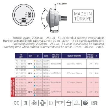 ACK AC17-00131 18 Watt Siyah Kasa Sensörlü LED Tavan Armatürü - Beyaz Işık (6500K)