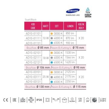 ACK AD10-01101 10 Watt Siyah Sıva Altı Yuvarlak SAMSUNG LED Spot - Gün Işığı (3000K)