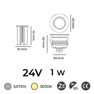 MOLLED MOL9024 24 Volt 1 Watt Saten Kasa Yere Gömme LED Armatür - Gün Işığı (3000K) - IP65