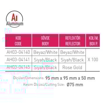 ACK AH03-04141 Siyah Sıva Altı Kare Spot Kasası - Metal