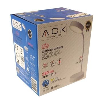 ACK AF11-10015 Dimli ve Dokunmatik Şarjlı LED Masa Lambası - 3 Işık Renkli (Beyaz + Ilık Beyaz + Gün Işığı)