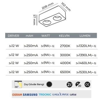 MOLLED MOL2425 3x10 Watt Siyah Sıva Üstü İkili LED Spot (SAMSUNG/PHILIPS LED & EAGLERISE/LIFUD Driver)