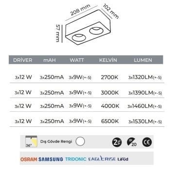 MOLLED MOL2424 3x10 Watt Beyaz Sıva Üstü İkili LED Spot (SAMSUNG/PHILIPS LED & EAGLERISE/LIFUD Driver)