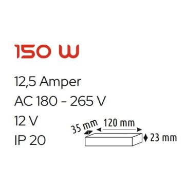 HELIOS HS 3405 12 Volt 12.5 Amper 150 Watt Ultra Slim LED Trafosu