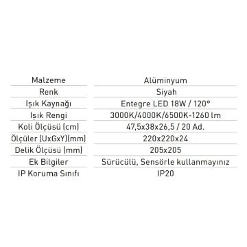 JUPITER LD455 S 18 Watt Siyah Kasa Sıva Altı Kare SAMSUNG LED Panel