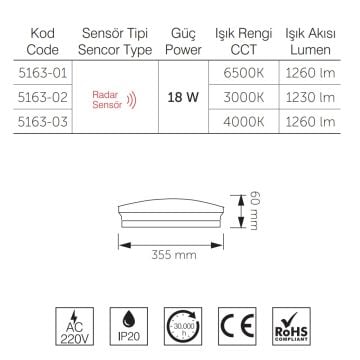 inoled 5163-03 18 Watt Radar Sensörlü LED Tavan Armatürü - SAMSUNG LED - Ilık Beyaz (6500K)