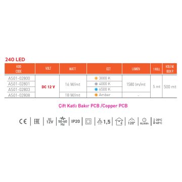 ACK AS01-02800 5 Metre 12 Volt 240 Ledli Gün Işığı (3000K) Şerit Led - 16 Watt/Metre