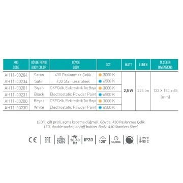 ACK AH11-00201 Çift Prizli Siyah Kasa Tezgah Altı LED Armatür - Gün Işığı (3000K)
