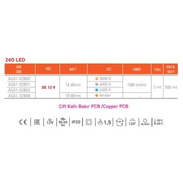 ACK AS01-02808 5 Metre 12 Volt 240 Ledli Amber Şerit Led - 16 Watt/Metre