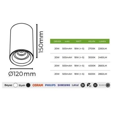 MOLLED MOL2061 12x15 cm 20 Watt Siyah/Beyaz Kasa Sıva Üstü Silindir LED Spot (SAMSUNG/OSRAM/PHILIPS LED & EAGLERISE/LIFUD Driver)