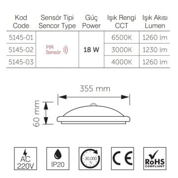 inoled 5145-01 18 Watt Sensörlü LED Tavan Armatürü - Beyaz Işık (6500K)