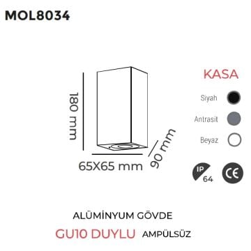 MOLLED MOL8034 Siyah/Antrasit/Beyaz Çift Yönlü Dış Mekan Aplik - Metal Gövde - GU10 Duylu