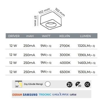 MOLLED MOL2420 10 Watt Beyaz-Platin Sıva Üstü Kare LED Spot (SAMSUNG/PHILIPS LED & EAGLERISE/LIFUD Driver)